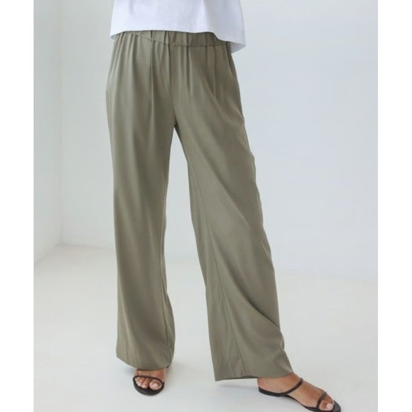 AYR Voila Pant Women's Large L Seattle Green Stretch Silk Wide Leg Elastic Waist